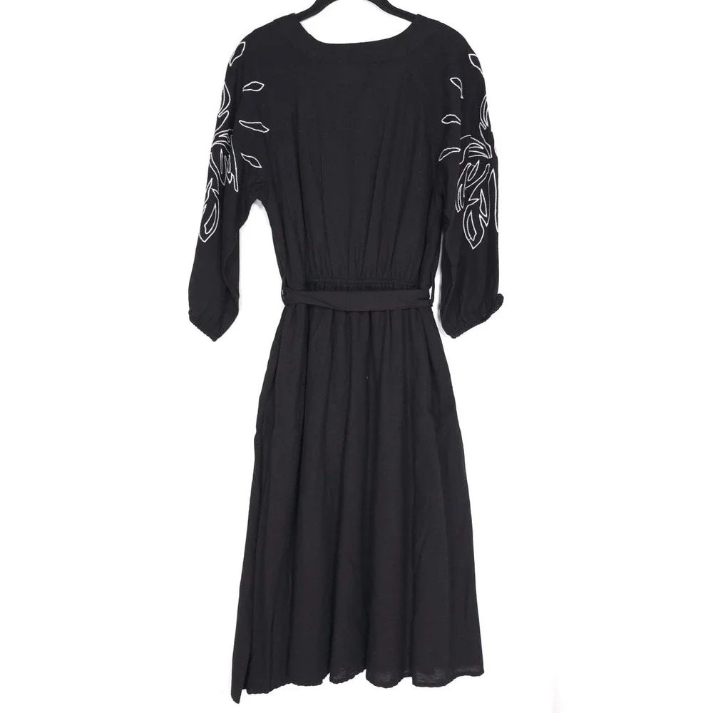LEA NWOT Midi Dress LARGE Black LINEN Blend Floral Embroidered Tie Belt‎ Tassels